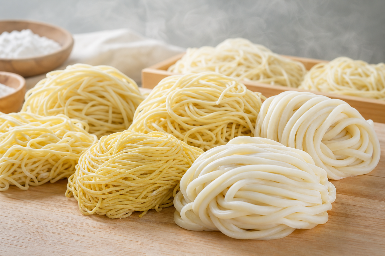 生麺・ラーメン麺などを並べた業務用麺のイメージ写真。